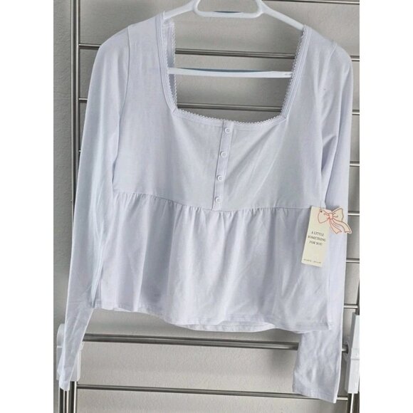 Frankee & Skylar White Babydoll Top XL Square Neck Lace Trim Peplum Blouse - Picture 2 of 10